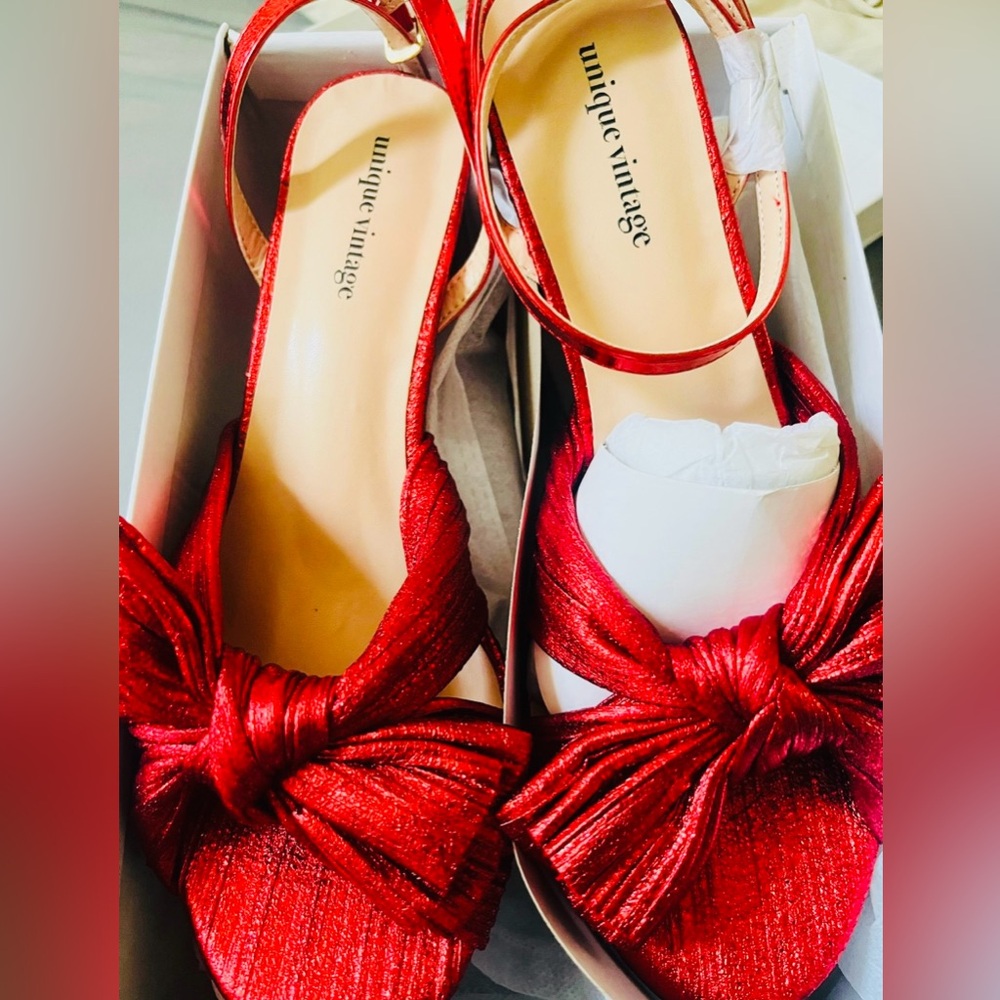 Unique Vintage Ruby Red Slingback Bow Retro Heels, Size 7, New in Box! - Picture 11 of 16